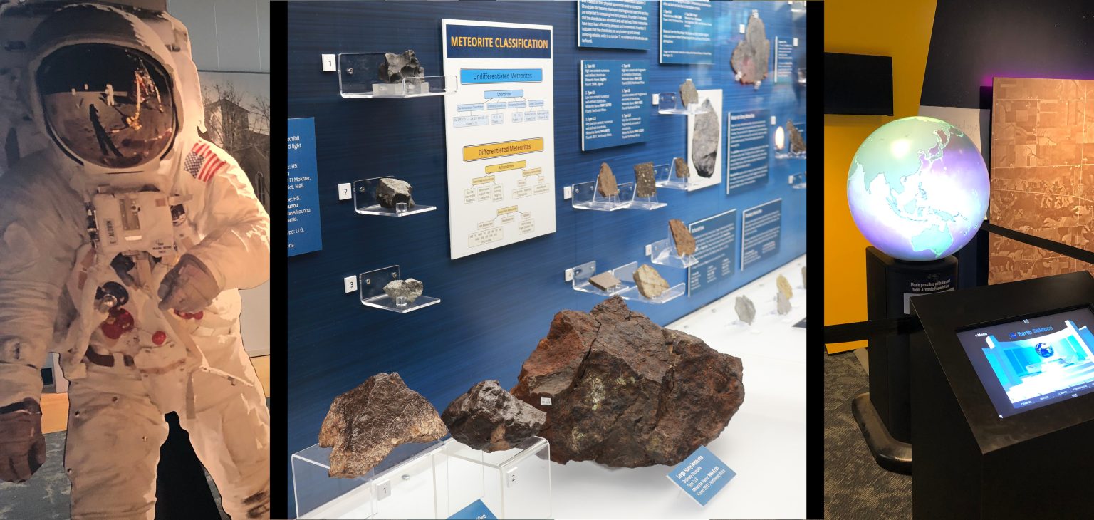Space Gallery in the Science center at the Putnam, featuring our meteorite collection, an astronaut cutout and solar system interactive.