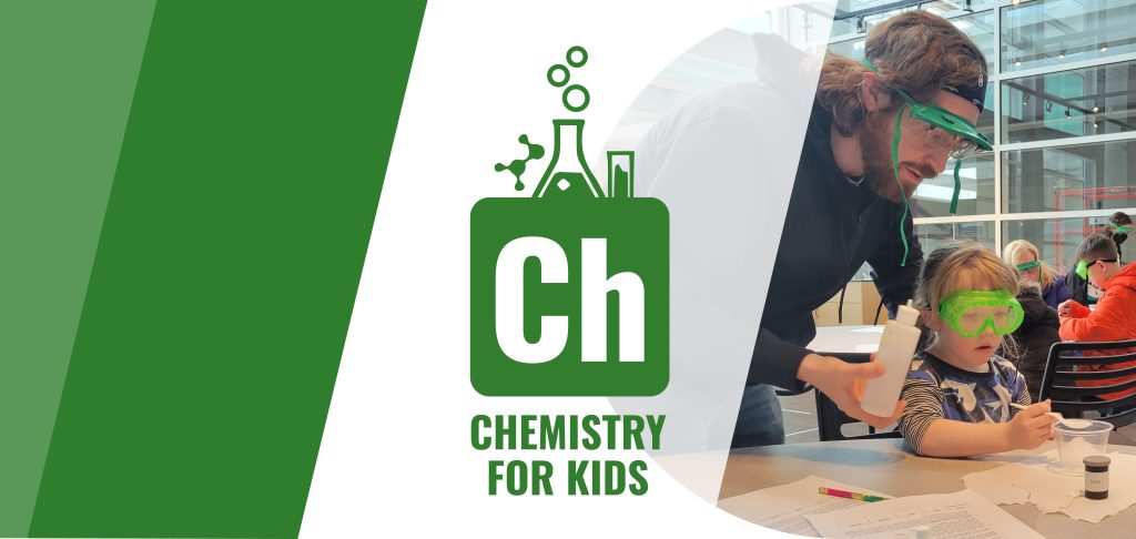 Chemistry for Kids education outreach program, featuring an adult male and young child working on a chemistry demonstration in the Education Flex space at the Putnam Museum.