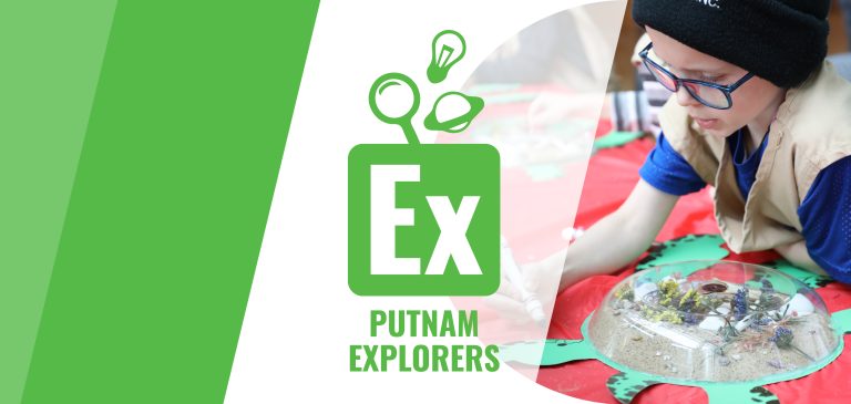 Putnam Explorers educational workshops, featuring young boy making a craft of a turtle in the Educational Flex space at the Putnam Museum.