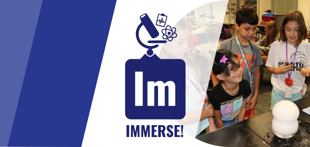 Immerse educational program. Featuring multi-cultural children watching a chemistry demonstration in the Fab Lab at the Putnam museum.