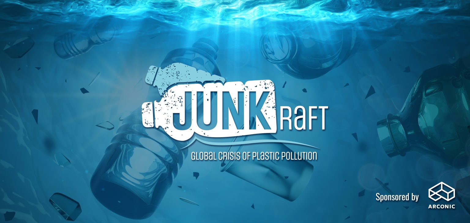 JUNKraft: Global Crisis of Plastic Pollution, featuring plastic bottles and bits swirling below the ocean surface.