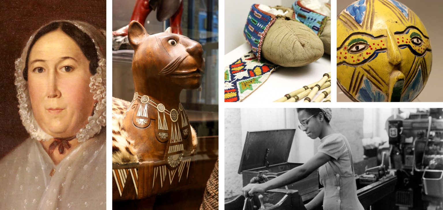 Explore the History exhibits at the Putnam museum. Featuring a collage of Marguerite Le Claire, west African feline stool, Native American bead work, an colorful yellow African mask and a historic black and white photo on an African American female arsenal worker.