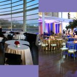 Rentals at the Putnam museum. Featuring the Lardner balcony decorated for a black tie event with roses on high top tables and the Grand lobby with gold chairs, gold vases with palms and dramatic lighting.
