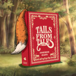 Tails from Tales storybook beasts exhibit at the Putnam, featuring a red book with a fox tail as a bookmark, set against a forest painting with beams of light streaming through the trees.