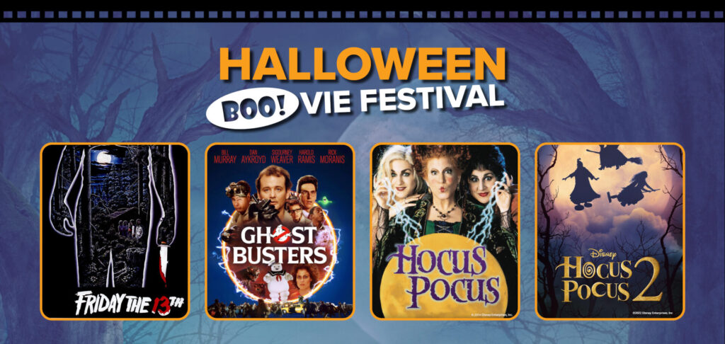 Halloween BOO-vie Festival, movie posters for Friday the 13th, Ghostbusters, Hocus Pocus and Hocus Pocus 2 on the GIANT screen at the Putnam Museum in Davenport.